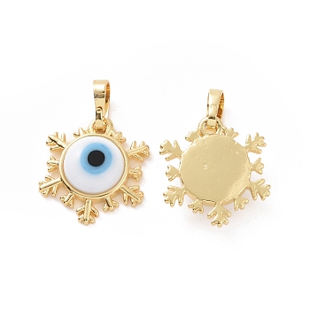 Handmade Evil Eye Lampwork Pendants, with Real 18K Gold Plated Tone Brass Findings, Snowflake Charm, White, 15x16x4mm, Hole: 4x6.5mm