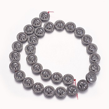 Non-magnetic Synthetic Hematite Beads Strands, Flat Round with Lion Head, Original Color, 13x4mm, Hole: 0.8mm, about 31pcs/strand, 15.74 inch(40cm)