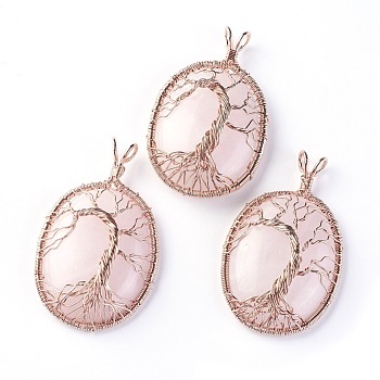 Natural Rose Quartz Big Pendants, with Rose Gold Tone Brass Findings, Oval with Tree of Life, 56~58.5x35~36x12~13.8mm, Hole: 4.2~5.2x4.6~6mm