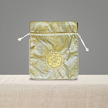 Chinese Style Brocade Drawstring Gift Blessing Bags, Jewelry Storage Pouches for Wedding Party Candy Packaging, Rectangle with Flower Pattern, Pale Goldenrod, 18x15cm