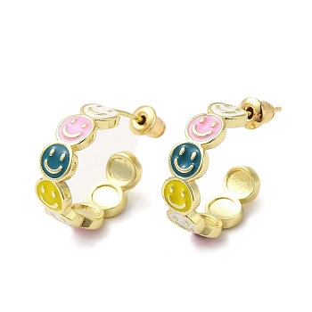 Smiling Face Real 18K Gold Plated Brass Stud Earrings, Half Hoop Earrings with Enamel, Colorful, 19x6mm