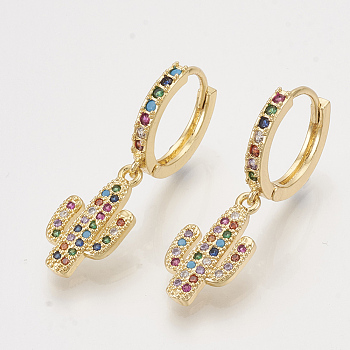 Brass Cubic Zirconia Dangle Hoop Earrings, Cactus, Colorful, Golden, 32mm, Pin: 1mm