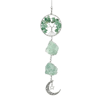 Tree of Life Natural Green Aventurine Pendant Decorations, with Tibetan Style Alloy Pendants and 304 Stainless Steel Cable Chains, 310mm, Pendants: 210x51x26mm