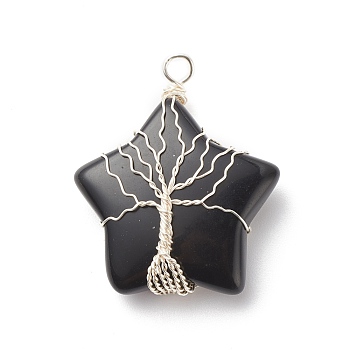 Natural Obsidian Pendants, with Silver Tone Copper Wire Wrapped, Star with Tree, 36x30x12mm, Hole: 3.5mm