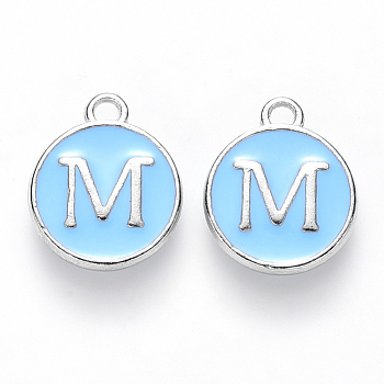 Platinum Plated Alloy Enamel Charms, Cadmium Free & Lead Free, Enamelled Sequins, Flat Round with Letter, Sky Blue, Letter.M, 14x12x2mm, Hole: 1.5mm
