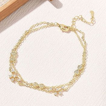 Brass Micro Pave Clear Cubic Zirconia Bowknot Link 2-Strand Bracelets, Long-Lasting Plated, Rack Plating, Lead Free & Cadmium Free, Real 18K Gold Plated, 6.69 inch(17cm)