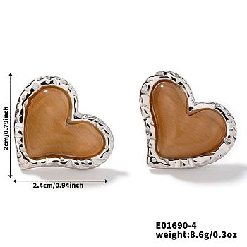 Natural Stone Cat Eye Heart-shaped Stud Earrings, Fashionable High-end Accessories, Platinum, Brown, 20x24mm