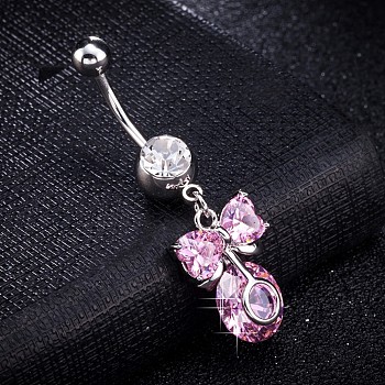 Brass Cubic Zirconia Navel Ring, Belly Rings, with 304 Stainless Steel Bar, Cadmium Free & Lead Free, Bowknot, Lilac, 42mm, Bar: 15 Gauge(1.5mm), Bar Length: 3/8"(10mm)