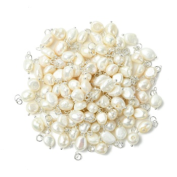 10Pcs Natural Cultured Freshwater Pearl Pendants, with Brass Findings and 304 Stainless Steel Jump Rings, Platinum, 13~15mm