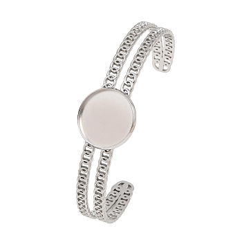 304 Stainless Steel Blank Cuff Bangle Bases with Flat Round Tray, Tarnish Free, Stainless Steel Color, Tray: 18mm, Inner Diameter: 2.50x2.05 inch(6.6x5.2cm)