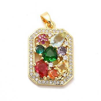 Brass Micro Pave Clear Cubic Zirconia Pendants, with Faceted Glass, Rectangle with Flower Heart Charm, Real 18K Gold Plated, Colorful, 21.5x14.5x4.5mm, Hole: 5x2.5mm