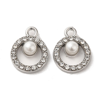 Alloy with Rhinestone Pendants, with ABS Imitation Pearl, Ring Charms, Platinum, 18x14x6mm, Hole: 2mm