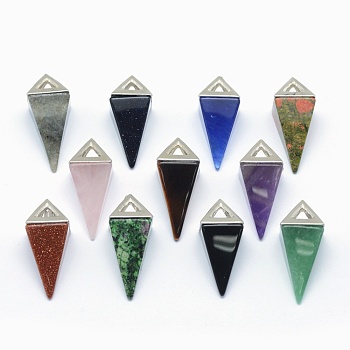 Natural & Synthetic Mixed Stone Pendants, with Alloy Findings, Triangle, Platinum, 34x14x14.5mm, Hole: 4x6mm