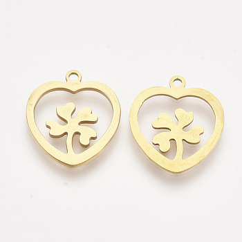 201 Stainless Steel Pendants, Laser Cut Pendants, Heart with Four Leaf Clover, Golden, 17.5x15.5x1mm, Hole: 1.4mm