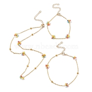 Colorful Glass Seed Beaded Flower Link Chain Bracelets & Necklaces & Anklet, Ion Plating(IP) Brass Jewelry Set, Golden, 6-5/8 inch(16.9cm), 16-1/4 inch(41.3cm), 8-5/8 inch(22cm)(SJEW-JS01277)