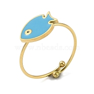 Fish 304 Stainless Steel Enamel Ring, 316 Surgical Stainless Steel Open Cuff Ring for Women, Real 18K Gold Plated, Deep Sky Blue, Adjustable(RJEW-A038-14G-02)