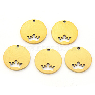 Vacuum Plating 201 Stainless Steel Charms, Laser Cut, Flat Round with Crown, Golden, 14x1mm, Hole: 1mm(STAS-N092-11G)