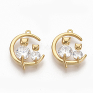 Brass Clear Cubic Zirconia Kitten Pendants, Nickel Free, Crescent Moon with Couple Cat Shape, Real 18K Gold Plated, 15.5x12x4mm, Hole: 0.8mm(ZIRC-Q021-013G-NF)