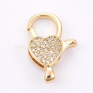 Brass Micro Pave Cubic Zirconia Lobster Claw Clasps, Long-Lasting Plated, Golden, 20x13x5mm, Hole: 2x2.5mm(ZIRC-E149-34G)