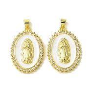 Real 18K Gold Plated Brass Micro Pave Cubic Zirconia Pendants, with Enamel, Oval & Virgin, Clear, 30x20x3mm, Hole: 5x3.5mm(KK-H472-11G-02)