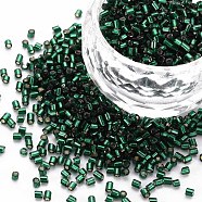 Glass Bugle Beads, Silver Lined, Dark Green, 1.8~2.2x1.8~2mm, Hole: 0.8~0.9mm, about 15000pcs/pound(SEED-S032-08A-53A)