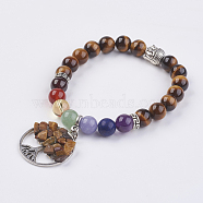 Chakra Jewelry Natural Gemstone Beads and Tiger Eye Charm Bracelet, with Tibetan Style Beads, Flat Round with Tree of Life, 2 inch(50mm)(BJEW-JB03608-05)
