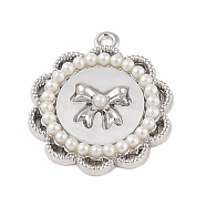 Rack Plating Alloy with Acrylic Pendants, with ABS Imitation Pearl Beads, Flower with Bowknot, Seashell Color, 25.5x22x3.5mm, Hole: 2mm(FIND-B037-02P-02)