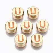 Alloy Enamel Beads, Cadmium Free & Lead Free, Flat Round with Initial Letters, Light Gold, Orange, Letter.U, 8x4mm, Hole: 1.5mm(ENAM-S122-029U-RS)