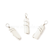 Natural White Jade Pendants, with Platinum Plated Eco-Friendly Brass Wire Wrapped, Column, 19.5~20x5~5.5mm, Hole: 2.4~2.7mm(PALLOY-JF01575-11)