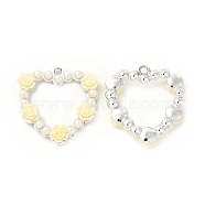 Alloy Pendants, Heart Charms, with ABS Imitation Pearl Beads and Resin, Platinum, Light Goldenrod Yellow, 29x27.5x5mm, Hole: 2.3mm(PALLOY-E014-02P-01)