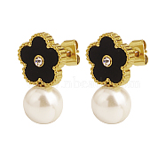 Stylish Stainless Steel Flower Pearl Pendant Stud Earrings for Women, Real 18K Gold Plated, Black, 18.42x10.93mm(BL3923-1)