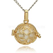 Golden Tone Brass Hollow Round Cage Pendants, with No Hole Spray Painted Brass Ball Beads, White, 23x24x18mm, Hole: 3x8mm(KK-J231-07G)