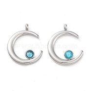 304 Stainless Steel Pendants, with Rhinestone, Stainless Steel Color, Double Horn/Crescent Moon Charm, Indicolite, 18x15x2.5mm, Hole: 1.8mm(STAS-L022-380G-01)