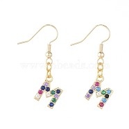 Dangle Earrings, with Golden Plated Brass Micro Pave Cubic Zirconia Charms, Rack Plating Brass Earring Hooks and Cardboard Packing Box, Alphabet, Letter.M, 35.5~38mm, Alphabet: 13x8~10x2mm, Pin: 0.6mm(EJEW-JE03796-07)