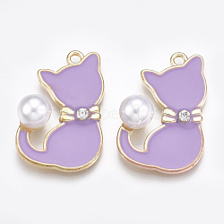 Alloy Enamel Kitten Pendants, Cadmium Free & Lead Free, with Rhinestone and ABS Plastic Imitation Pearl, Cat with Bowknot Shape, Light Gold, Crystal, Lilac, 30x20x9mm, Hole: 2mm(X-ENAM-S115-045A)