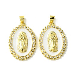 Real 18K Gold Plated Brass Micro Pave Cubic Zirconia Pendants, with Enamel, Oval & Virgin, Clear, 30x20x3mm, Hole: 5x3.5mm(KK-H472-11G-02)