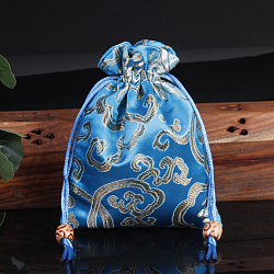 Chinese Style Flower Pattern Satin Jewelry Packing Pouches, Drawstring Gift Bags, Rectangle, Light Sky Blue, 14x11cm(PW-WG37271-16)