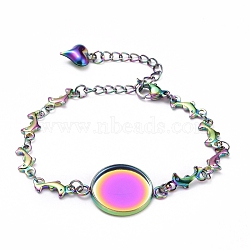Rainbow Color 304 Stainless Steel Bracelet Making, with Lobster Claw Clasps, Dolphin Link Chains and Flat Round Cabochon Settings, Tray: 16mm, 5-7/8 inch(14.8cm)(STAS-L248-003M)