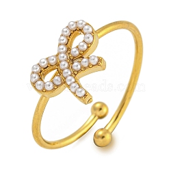 Bowknot 304 Stainless Steel Adjustable Ring for Women, ABS Plastic Imitation Pearl Finger Rings, Golden, Bowknot: 9x11.5mm, US Size 7 3/4(17.9mm)(RJEW-U015-09G)