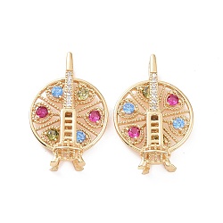 Brass Micro Pave Colorful Cubic Zirconia Pendants, Ferris Wheel Charms, Real 18K Gold Plated, 30.5x20.5x7.5mm, Hole: 3.2x3mm(KK-E068-VC291)