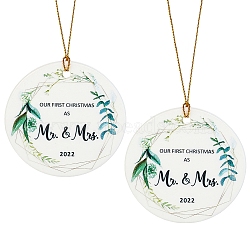 GORGECRAFT Porcelain Pendant Decorations, for Christmas, Flat Round with Word Our First Christmas As Mr & Mrs, White, 71.5x4mm, Hole: 5mm(HJEW-GF0001-15)