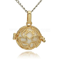 Golden Tone Brass Hollow Round Cage Pendants, with No Hole Spray Painted Brass Ball Beads, White, 23x24x18mm, Hole: 3x8mm(KK-J231-07G)