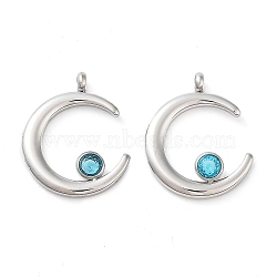 304 Stainless Steel Pendants, with Rhinestone, Stainless Steel Color, Double Horn/Crescent Moon Charm, Indicolite, 18x15x2.5mm, Hole: 1.8mm(STAS-L022-380G-01)