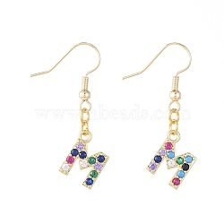 Dangle Earrings, with Golden Plated Brass Micro Pave Cubic Zirconia Charms, Rack Plating Brass Earring Hooks and Cardboard Packing Box, Alphabet, Letter.M, 35.5~38mm, Alphabet: 13x8~10x2mm, Pin: 0.6mm(EJEW-JE03796-07)