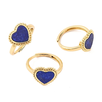 Heart Natural Lapis Lazuli Adjustable Rings, Brass Ring for Women, Long-Lasting Plated, Lead Free & Cadmium Free, Golden, Inner Diameter: 18mm