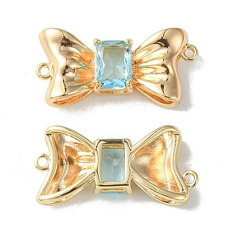 Brass Pave Cubic Zirconia Connector Charms, Real 18K Gold Plated, Bowknot Links, Light Blue, 11x23x4.5mm, Hole: 1mm