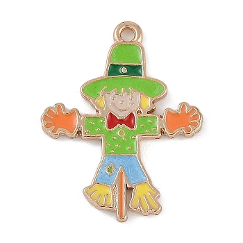 Thanksgiving Day Theme Alloy Enamel Pendants, Golden, Scarecrow Charm, Light Green, 27.5x21x1.5mm, Hole: 1.6mm