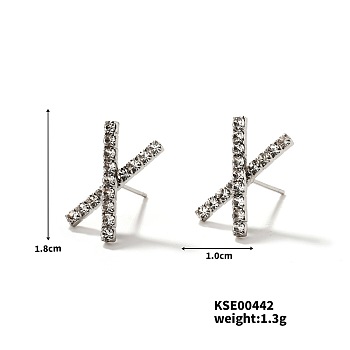 Elegant Sparkling Diamond Stud Earrings for Fashionable Women, X-Shaped, Golden, 18x10mm