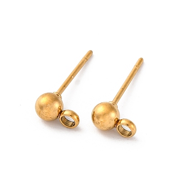 304 Stainless Steel Ball Post Stud Earring Findings, with Loop and 316 Surgical Stainless Steel Pin, Real 18K Gold Plated, 4mm, Pin: 0.8mm