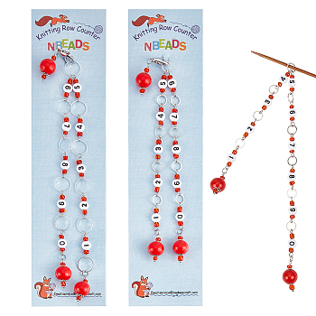 Natural Wood Pendant Knitting Row Counter Chains, with Brass Ring, Opaque Acrylic Number Bead, Fits for Needles Up To 10mm, Red, 30.5~35.5cm, 2pcs/set